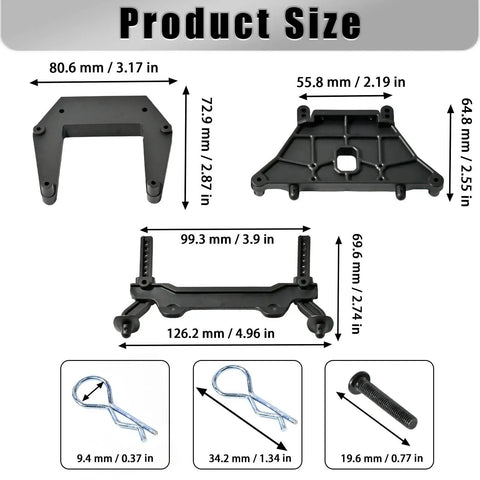 Product size diagram for Beefed Up Shock Tower Front And Rear Body Mounts with Nylon Body Posts for Traxxas Slash.