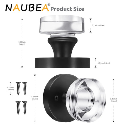 Two Pack Glass Black Dummy Door Knobs With Crystal Clear Interior Trim, hardware dimensions, and installation screws shown.