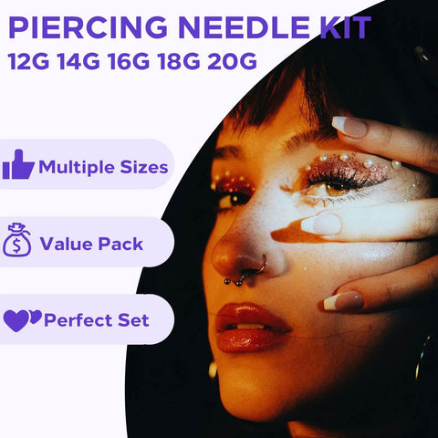 Complete Piercing Kit With 25 Needle Pack From 12G To 20G, Dual Clamps, 6 Pairs Disposable Gloves, 10 Pads And Positioning Marker Pen For Safe Pro Grade Piercing Sessions For Pros And DIYers. 12G-20G piercing needle kit