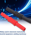 Banana connector pair: red and black insulated 4mm female-to-female banana plugs with PVC sleeves.