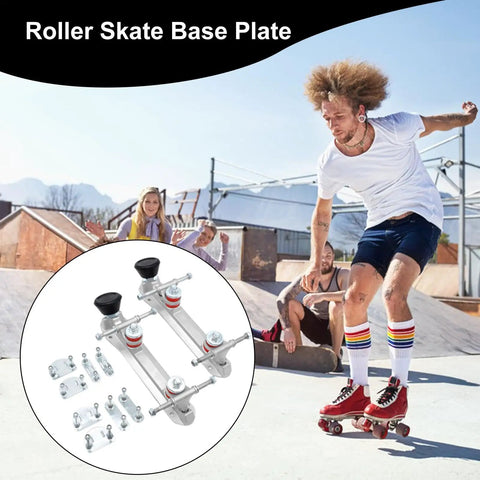 Quad Roller Skate Plate Upgrade for Two Row and Four Wheel Setups, shown in detail with skateboarder in background.