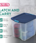 Heavy Duty Clear Plastic Storage Bins Twelve Pack With Tight Latch Lids And Solid Grip Handles For Hella Roomy Home Organization And Storage Gear Game Changers - clear container with blue lid holding rolled blankets.