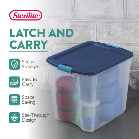 Heavy Duty Clear Plastic Storage Bins Twelve Pack With Tight Latch Lids And Solid Grip Handles For Hella Roomy Home Organization And Storage Gear Game Changers - clear container with blue lid holding rolled blankets.