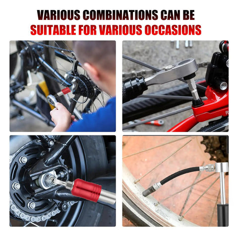 Portable 28 Piece Bike Tool Kit With Magnetic One Quarter Inch Torque Wrench And Ratchet Screwdriver Set in use on bikes