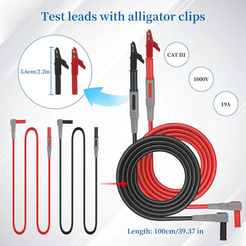 Image of the 27 Piece Multimeter Test Leads Probes Kit with big and small alligator clips, shown with red and black leads.