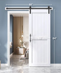 32 By 84 Inch White Barn Door With Five And A Half Foot Sliding Door Hardware Kit Included And Handle Solid Wood Covered With Waterproof PVC Surface Easy DIY Assembly And Install H Frame Fits Twenty Eight To Thirty Inch Wide Opening installed in a modern room.