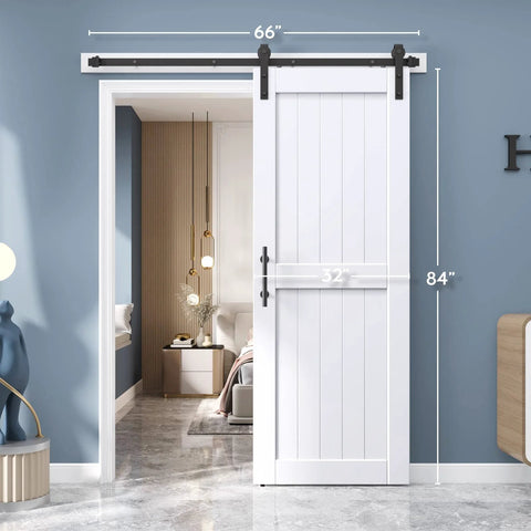 32 By 84 Inch White Barn Door With Five And A Half Foot Sliding Door Hardware Kit Included And Handle Solid Wood Covered With Waterproof PVC Surface Easy DIY Assembly And Install H Frame Fits Twenty Eight To Thirty Inch Wide Opening installed in a modern room.