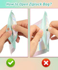 Holographic Mylar Bags With Clear Window And Odor Proof Seal Pouches, showing how to open the ziplock seal correctly and incorrectly.