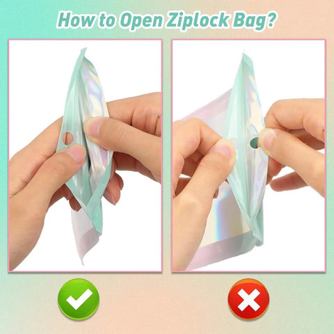 Holographic Mylar Bags With Clear Window And Odor Proof Seal Pouches, showing how to open the ziplock seal correctly and incorrectly.