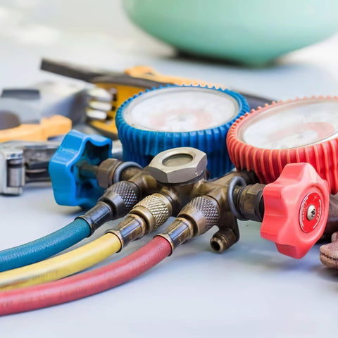 Front view of Hromee AC refrigerant hose set with brass manifold and blue, red, yellow hoses plus gauge dials