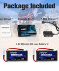Package contents with two Beefy 7.4V LiPo Battery 2S 30C Burst 60C 900mAh with PH2.0 plug and USB charger