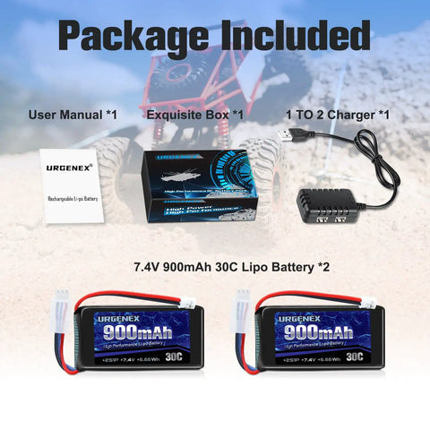 Package contents with two Beefy 7.4V LiPo Battery 2S 30C Burst 60C 900mAh with PH2.0 plug and USB charger