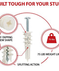 Heavy Duty Self Drilling Drywall Anchors Kit With 75 Lb Load Support 120 Pieces And Size 8 By 1 1/4 Inch Screws Yellow Zinc Plated Carbon Steel Rust Resistant Quick No Prep Install For Wall Mounting, 75 lb wall anchor detail