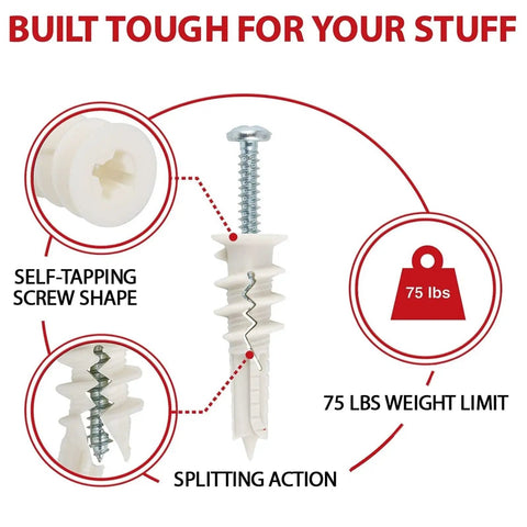 Heavy Duty Self Drilling Drywall Anchors Kit With 75 Lb Load Support 120 Pieces And Size 8 By 1 1/4 Inch Screws Yellow Zinc Plated Carbon Steel Rust Resistant Quick No Prep Install For Wall Mounting, 75 lb wall anchor detail