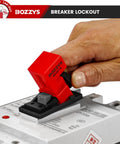 Clip-On Circuit Breaker Lockout Kit With Padlock And Tags For No Tool LOTO Locks, Grab-And-Go Design, OSHA Compliant in use