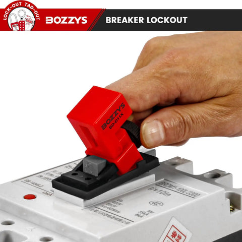 Clip-On Circuit Breaker Lockout Kit With Padlock And Tags For No Tool LOTO Locks, Grab-And-Go Design, OSHA Compliant in use