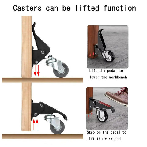 Heavy Duty Retractable Casters Set Of 4 Foot Pedal Lifting Wheels For Workbenches Tables Shop Equipment Adjustable Stepdown Roll Heavy Loads Smooth As Butter Always with lifting mechanism shown.