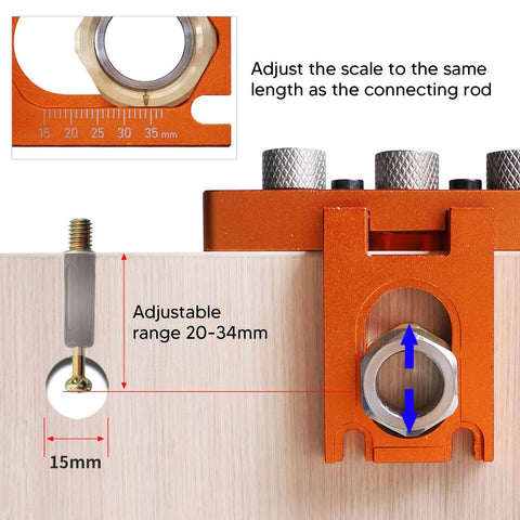Close-up of the Three In One Doweling Jig Kit with anodized aluminum alloy showing scale adjustment and clamping details.