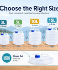 Grab-and-Go Foldable Water Container With Spigot For Camping And Travel showing 3L, 5L, 10L, 15L sizes, collapsible design.