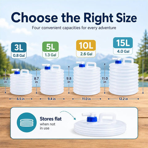 Grab-and-Go Foldable Water Container With Spigot For Camping And Travel showing 3L, 5L, 10L, 15L sizes, collapsible design.