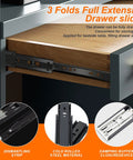 Close-up view of 3 folds full extension drawer slides in a cabinet, featuring cold rolled steel material and damping buffer closure device.