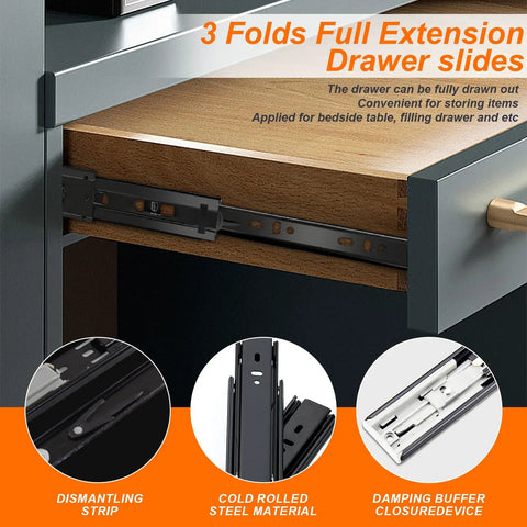 Close-up view of 3 folds full extension drawer slides in a cabinet, featuring cold rolled steel material and damping buffer closure device.