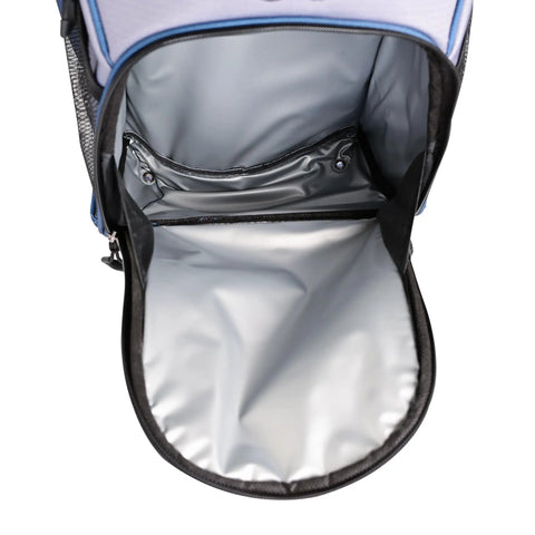 14 Way Divider Top Golf Cart Bag With Quiet Design, open cooler pocket view, navy grey interior with ample storage space