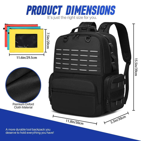 Heavy Duty Tool Backpack With Large Interior And Three Pouches For Electricians HVAC Techs Construction Pros And Handymen Pro Grade Tool Organizer Bag Worksite Ready shown with dimensions and color-coded pouches.