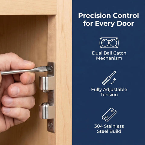 Adjusting the Solid Brass Adjustable Tension Double Roller Cabinet Catch 60mm Heavy Duty Latch with screwdriver on door