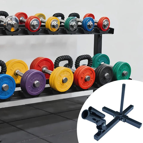 Versatile Barbell Attachment For Deadlifts Squats And Rows with black steel rotating row holder, shown beside colorful dumbbells.