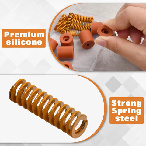 3D Printer Heatbed Leveling Kit With Silicone Bed Mounts And Anti Rust Springs, 18mm And 16mm Posts, 16 Pieces, Heat Resistant Buffers displayed