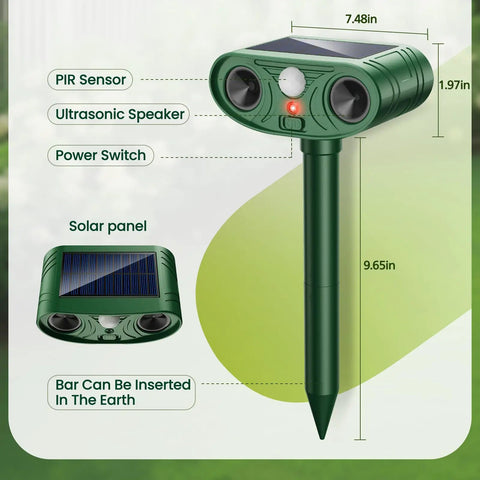 Solar Ultrasonic Animal Repellent Outdoor Motion Sensor Deterrent For Yard Garden Lawn Four Pack Keeps Deer Squirrels Cats Raccoons Rabbits And Dogs Away With PIR Sensor, green solar stake, 9.65in tall
