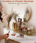 Top Shelf 360 Spin Makeup Organizer For Vanity Countertop Functions As Amber Acrylic Cosmetic Tray With Wide Open Slots For Instant Access.
