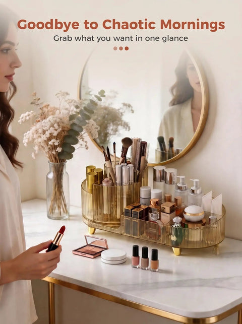 Top Shelf 360 Spin Makeup Organizer For Vanity Countertop Functions As Amber Acrylic Cosmetic Tray With Wide Open Slots For Instant Access.