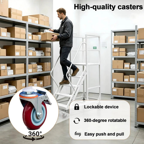Top Shelf Easy Glide Six Step Warehouse Ladder With Triple Guardrails And Double Handrails Industrial Mobile Platform Staircase On Wheels Built Tough Handle Eleven Hundred Pound Load