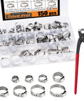 Front view of Amazon 150-piece 304 stainless steel single-ear hose clamp kit with pliers in a clear case, sizes 6–23.5 mm