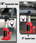 Heavy Duty Bottle Jack Adapter For Twelve Ton And Twenty Ton Jacks, Tough As Nails Axle Lift Saddle For Three Inch Round Axles And Three Inch Square Tubes, Universal Hydraulic Jack Accessory For RV Trailer And Farm Axles, installed under vehicle showing round and square axles in use