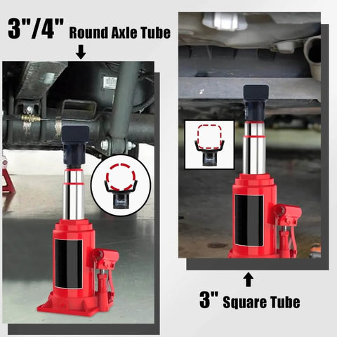 Heavy Duty Bottle Jack Adapter For Twelve Ton And Twenty Ton Jacks, Tough As Nails Axle Lift Saddle For Three Inch Round Axles And Three Inch Square Tubes, Universal Hydraulic Jack Accessory For RV Trailer And Farm Axles, installed under vehicle showing round and square axles in use