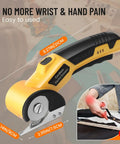 Electric Scissors With Led Light High Efficiency Brushless Motor 2000 Mah Battery Tungsten Steel Blade Cordless Power Cutter For Cardboard Carpet Cloth And Wire Rope Cutting Tool Yellow, showcasing size details and ergonomic design.