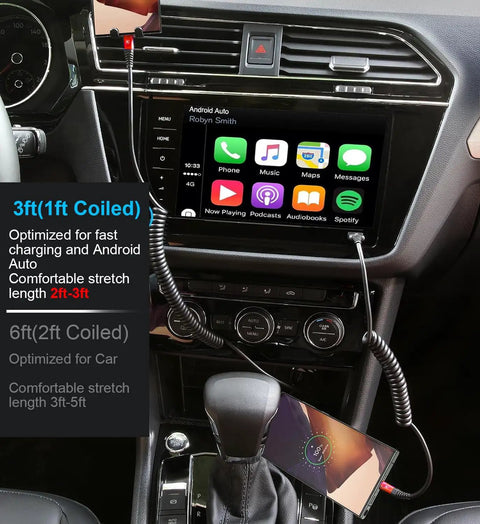 Car interior with Coiled USB C To USB C Car Cable 3ft 2 Pack Fast Charge And Data Transfer Spring Loaded USB C Charger Cord