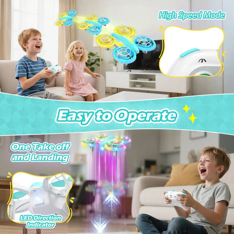 Kids enjoying One Touch Takeoff RC Drone For Kids 6 And Up With Remote, 360 Degree Flip, High Speed Mode, with joyful expressions indoors