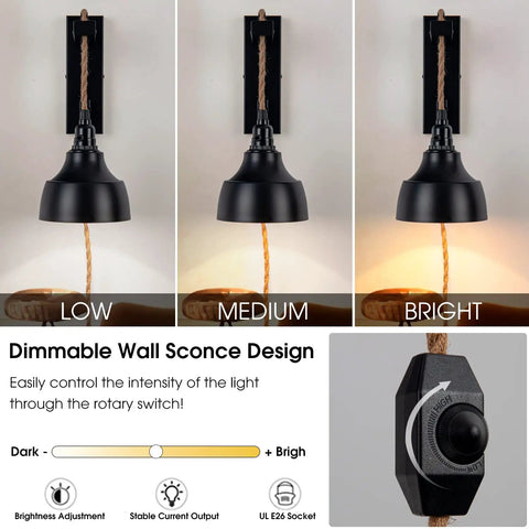 Dimmable Plug In Wall Sconces With 15Ft Pulley Cords Vintage Hanging Lamps Black Set Of Two Dope On Off Switch For Bedroom