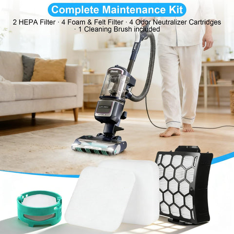 Must Have Replacement Filter Kit For Shark Lift Away Upright Vacuums With DuoClean Detect Include 2 HEPA Filters 4 Foam And Felt And 4 Odor Neutralizer Cartridges For LA802 LA702 LA742 LA555 LA701 LA700 LA486 shown with vacuum and filters