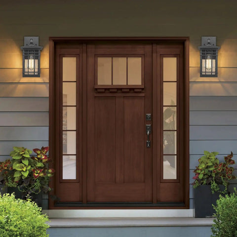Dusk To Dawn Exterior Wall Lights With Built In Sensor on porch, mounted beside double doors, waterproof lanterns in action, 2 pack