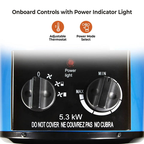 Industrial Ceiling Mounted Garage Heater 5300W 240V controls with adjustable thermostat and power indicator light.