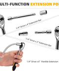 Multi-function extension pole from the 46 Piece 1/4 Inch Ratchet Socket Set With Quick Release Ratchet Extension Bar And Storage Case Premium Metric Sockets From 4 To 14MM Built For Auto Repair Home Projects And DIY Fixes showing 1/4 inch drive extension bars and flexible extension.