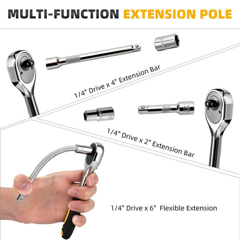 Multi-function extension pole from the 46 Piece 1/4 Inch Ratchet Socket Set With Quick Release Ratchet Extension Bar And Storage Case Premium Metric Sockets From 4 To 14MM Built For Auto Repair Home Projects And DIY Fixes showing 1/4 inch drive extension bars and flexible extension.