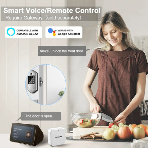 Keyless Front Door Lock With Fingerprint And Touchscreen Keypad, App Control, Auto Lock, And One Touch Locking shown with smart home setup.