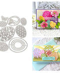 Seven Piece Easter Egg Die Cuts Set With Flower And Butterfly Frame Dies Stencils For DIY Embossing Card Making Scrapbooking And Paper Crafts Great For Gift Tags And Cards Includes Silver Finished Metal Dies For Reusable Stencils And Decorative Paper, shown with cards featuring floral designs.