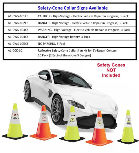 Top Shelf Reflective Safety Cone Collar Kit For EV Repair High Voltage Danger Warning Sign 3 Pack displayed with white car and safety cones.